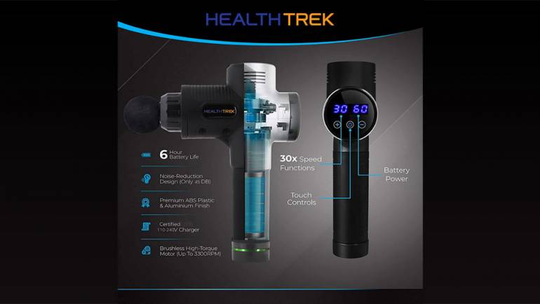 HEALTHTREK Massage Gun Deep Tissue Percussion Muscle Massager, 10 Replaceable Heads, 30 Adjustable Speed, Brushless Motor, Professional Sports Massager, Rechargeable Body Massager for Pain Relief & Recovery